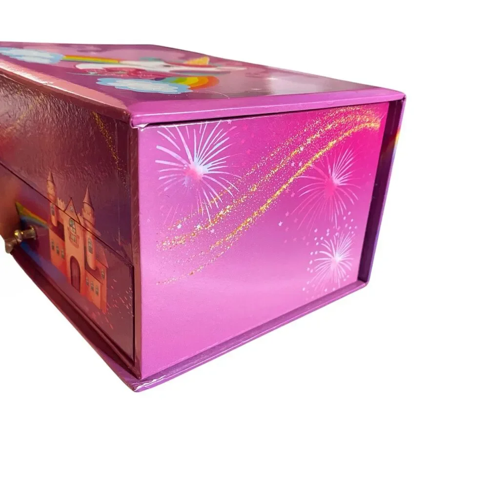 Pink Unicorn Rainbow Music Jewelry Box With Drawer Mirror Rhinestone Unicorn